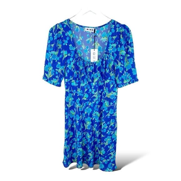 RIXO  Lilita Cobalt Blue Floral‎ Print Silk Mini Dress short Sleeve Sz 6 - Picture 2 of 13